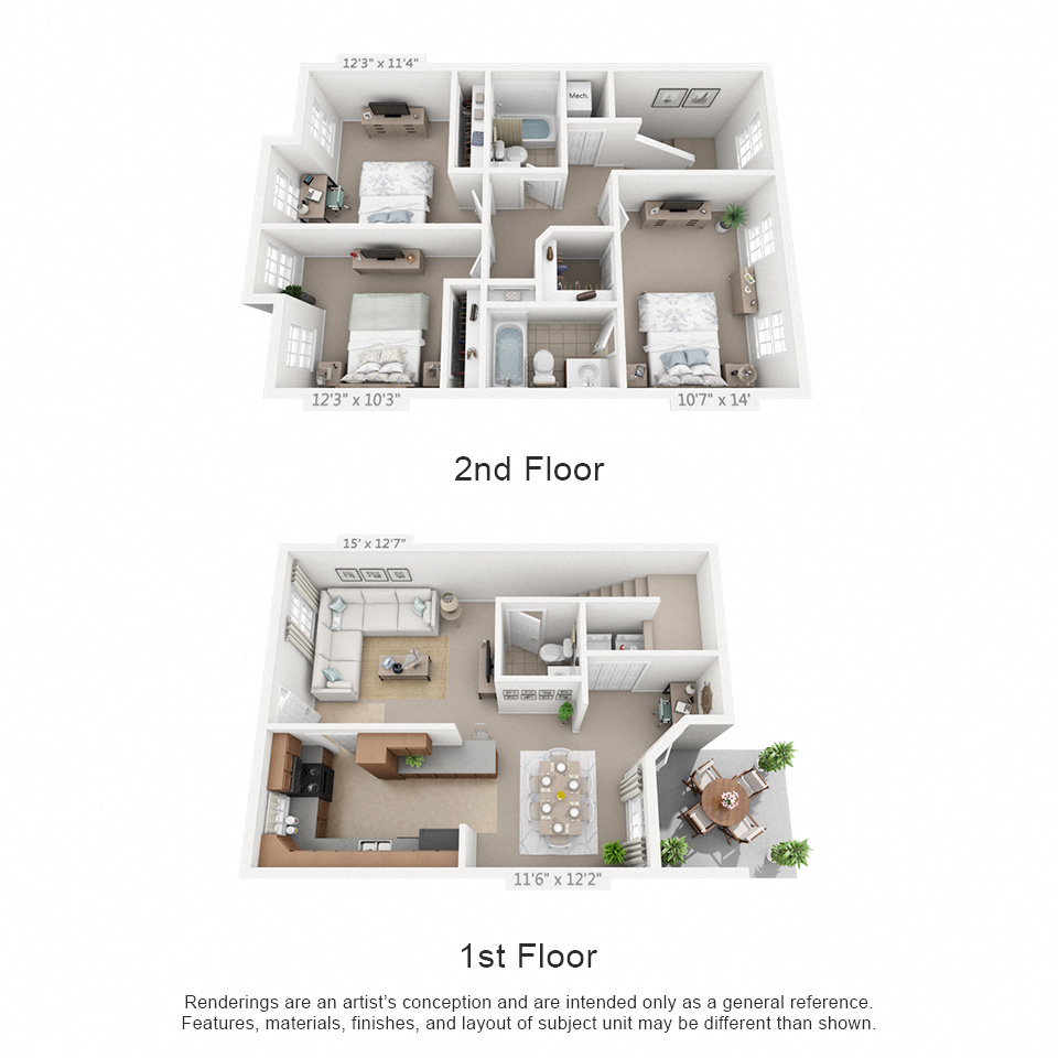Floor plan for 3 beds, 2.5 baths, 1437 sqft